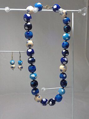 Vintage Glass Polka Dot Bead Necklace Blues & White Matching Earrings